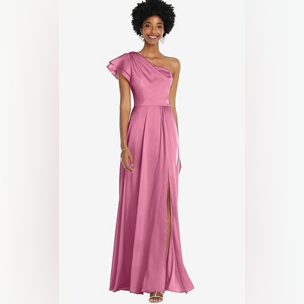 Dessy Collection 3099 Draped One Shoulder Flutter Sleeve Maxi Dress